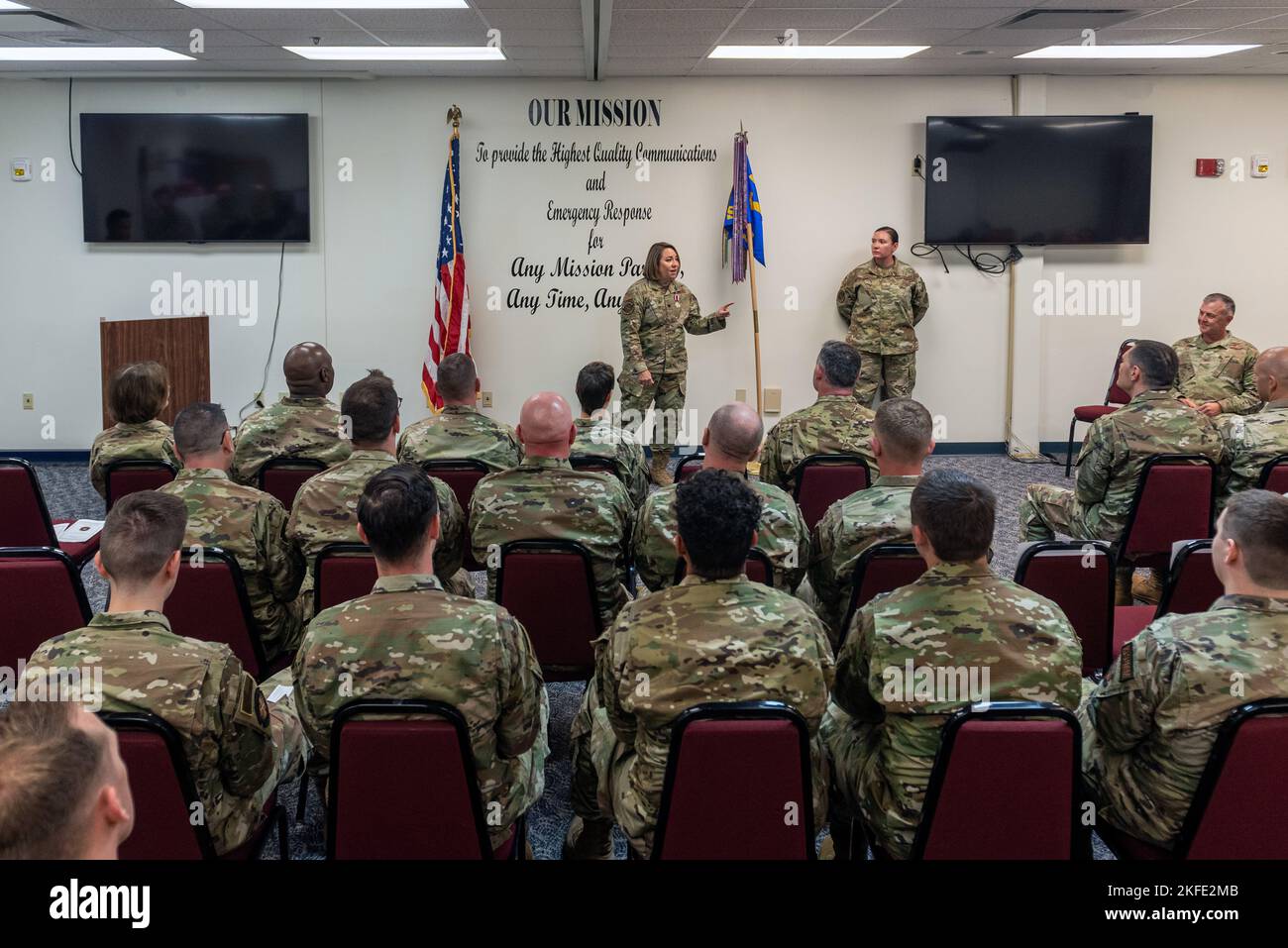 U.S. Air Force Lt. Col. Bridget Zorn, the incoming commander of the 264th Combat Communications Squadron, addresses her unit during an assumption of command ceremony in Peoria, Illinois, Sept. 11, 2022. Zorn previously served as the commander of the Missouri Air National Guard’s 239th Combat Communications Squadron for four years before transferring to the Peoria-based unit. Stock Photo