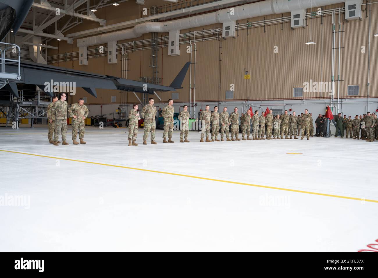 Members assigned to the 911th Airlift Wing gather in the two-bay hangar at the Pittsburgh International Airport Air Reserve Station, Pennsylvania, Sept. 11, 2022.  Select members stood in line to be recognized for their exceptional performance during the Exercise STEEL DRAGON readiness inspection. Stock Photo