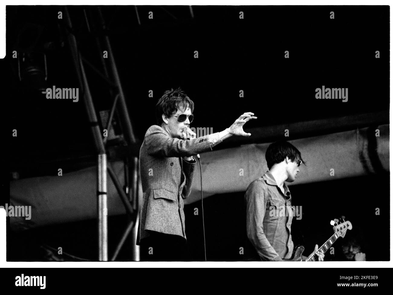 Jarvis Cocker Singer And Steve Mackey Bass Of British Pop Group Pulp Playing The Nme Stage At