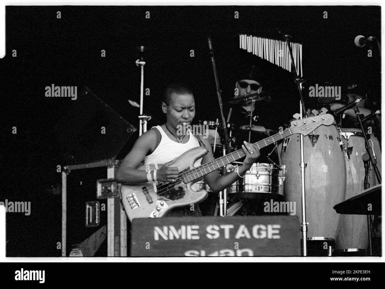 Multiple Grammy nominee MeShell (Me'Shell) Ndegeocello plays the NME Stage with modern drum legend JoJo Mayer at Glastonbury, Saturday 25 June 1994. Photograph © Rob Watkins Stock Photo