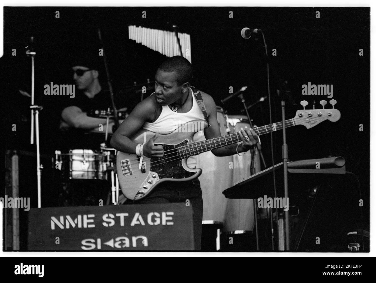 Multiple Grammy nominee MeShell (Me'Shell) Ndegeocello plays the NME Stage with modern drum legend JoJo Mayer at Glastonbury, Saturday 25 June 1994. Photograph © Rob Watkins Stock Photo