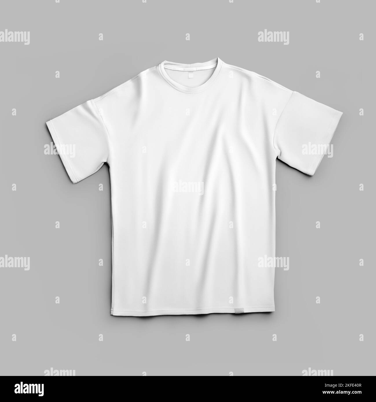 Mockup of white oversized t-shirt with round neck, with wrinkles, place for design, pattern, print, front view. Template of fashionable casual clothes Stock Photo