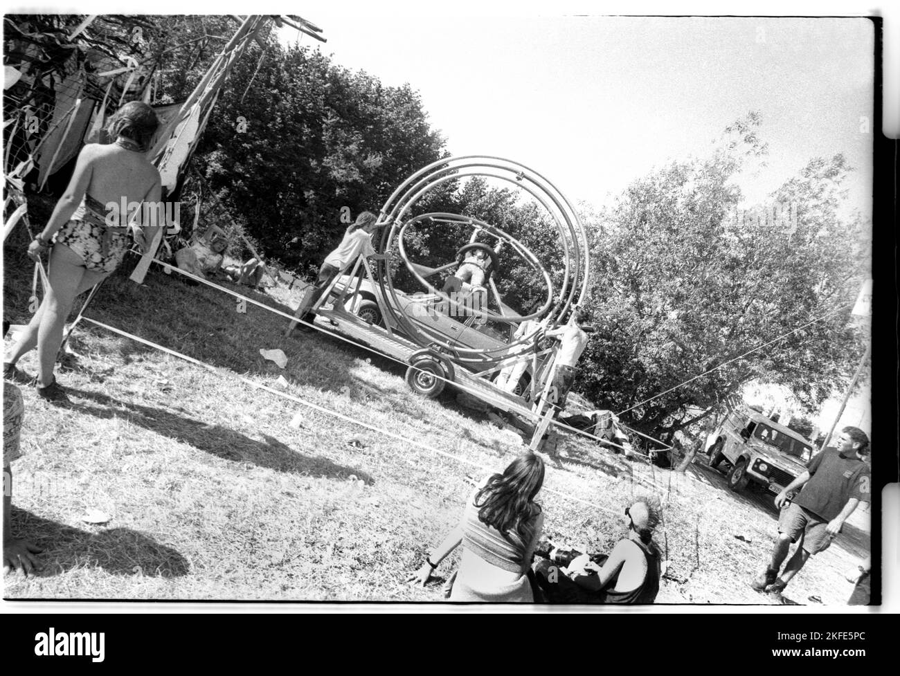 Practice time on the gyroscope in the Circus Field at Glastonbury Festival, Pilton, England, June 26-28 1992. Photograph: ROB WATKINS Stock Photo