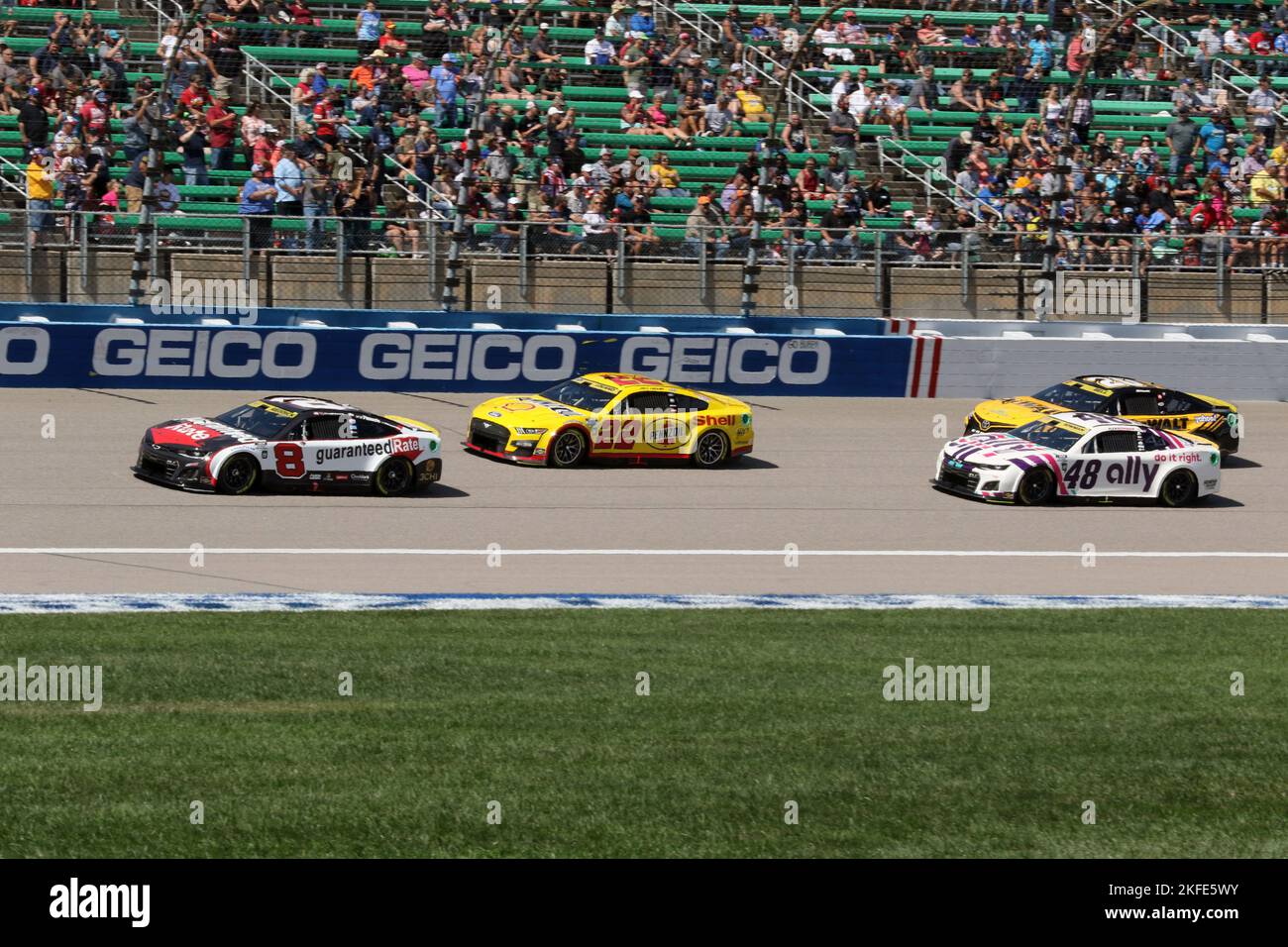 NASCAR Sprint Cup Series Tyler Reddick in his #8 Guaranteed Rate Chevrolet, leads the field during the early laps of the Hollywood Casino 400 presented by Barstool Sportsbook at the  1.5-mile tri-oval Kansas Speedway in Kansas City, Kan., Sept. 11, 2022. Stock Photo