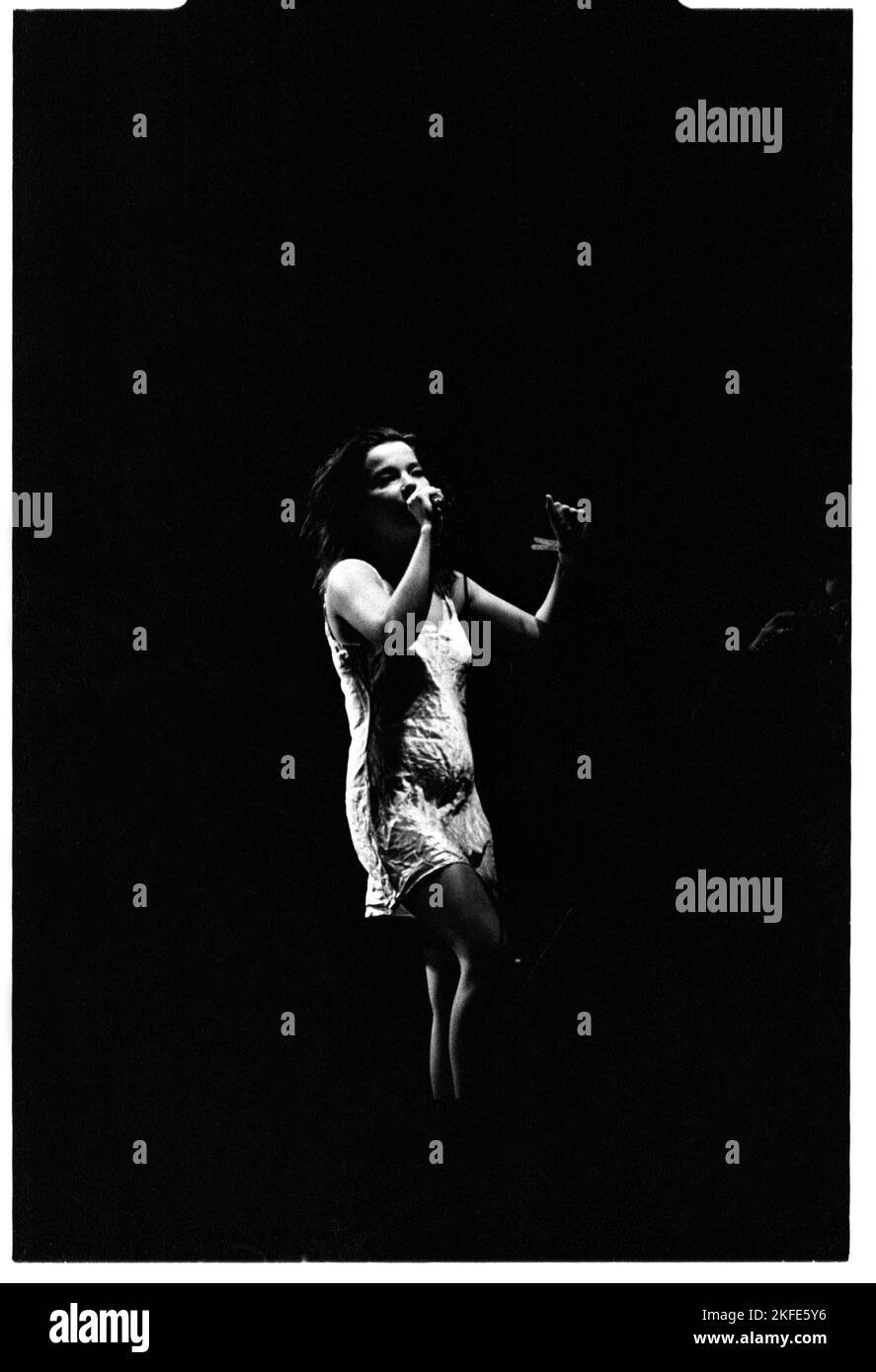 BJÖRK, NME STAGE HEADLINE, GLASTONBURY 94: Björk (Bjork) at the Glastonbury Festival on June 25 1994 as headliner on the NME Stage, Pilton Farm, England. Photograph: Rob Watkins.  INFO: Björk is an Icelandic singer, songwriter, and actress known for her eclectic and innovative music. Emerging as the lead singer of The Sugarcubes, she achieved global fame with her solo career, producing acclaimed albums like 'Debut,' 'Homogenic,' and 'Vespertine.' Stock Photo