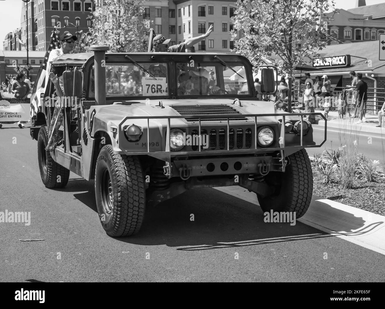 A greyscale of Military Hummer, driving in July 4 Parade, Carmel
