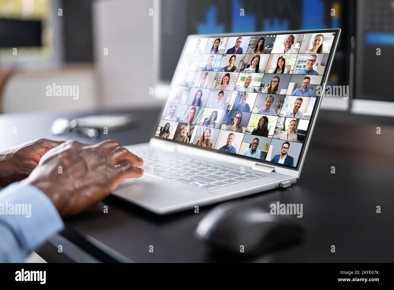 Online Video Conference Webinar On Laptop Computer Stock Photo