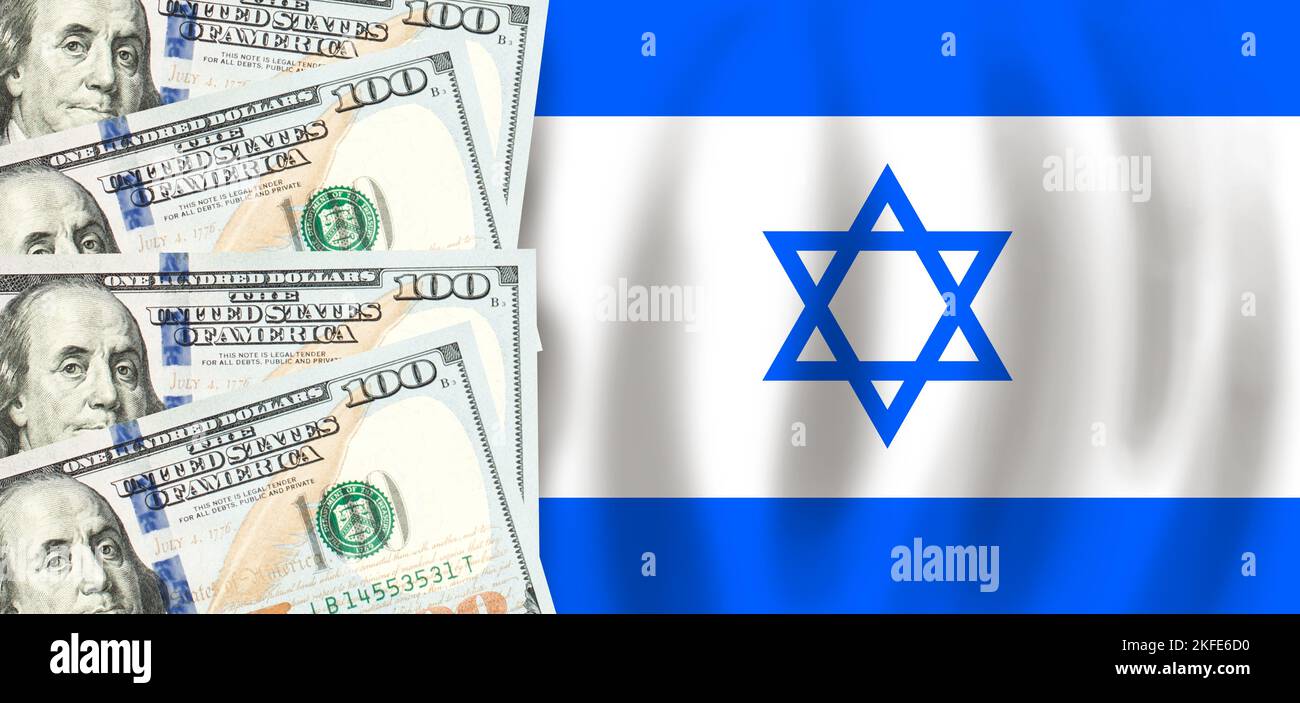 Dollars on flag of Izrael, Izraeli finance, subsidies, social support, GDP concept Stock Photo