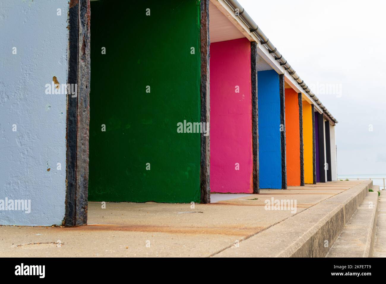 Multicoloured beach huts, Bexhillonsea, East Sussex, England Stock