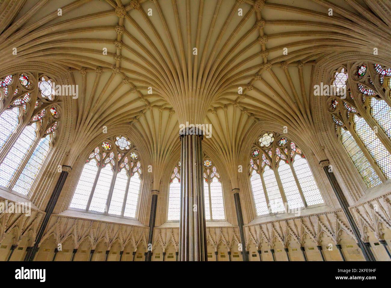 The decorative fan-vaulted ceiling of the Chapter House in Wells cathedral, Somerset, England, UK Stock Photo