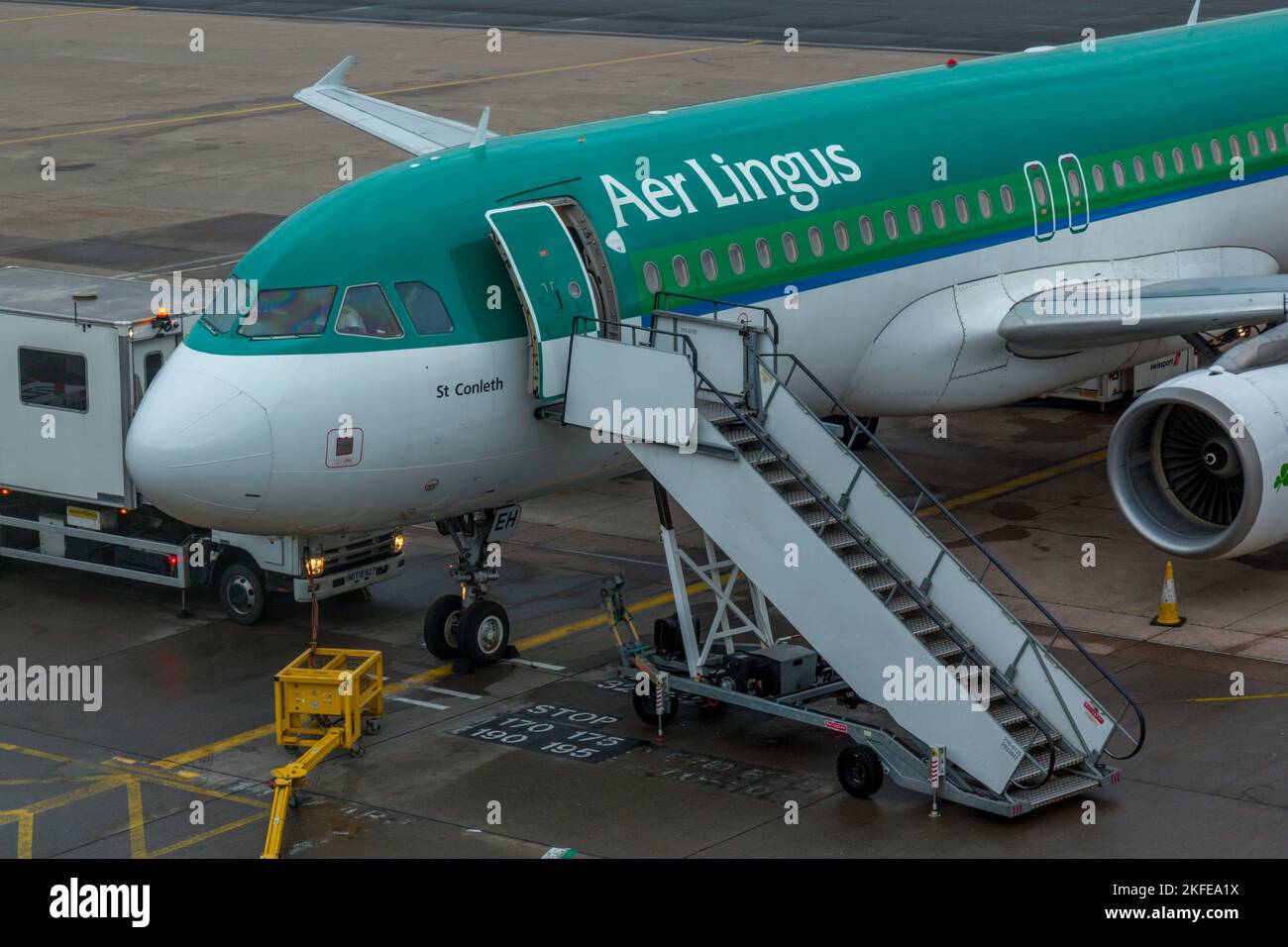 An Aer Lingus Airbus A320-200, registration EI-DEH, at Birmingham Airport in England. Stock Photo