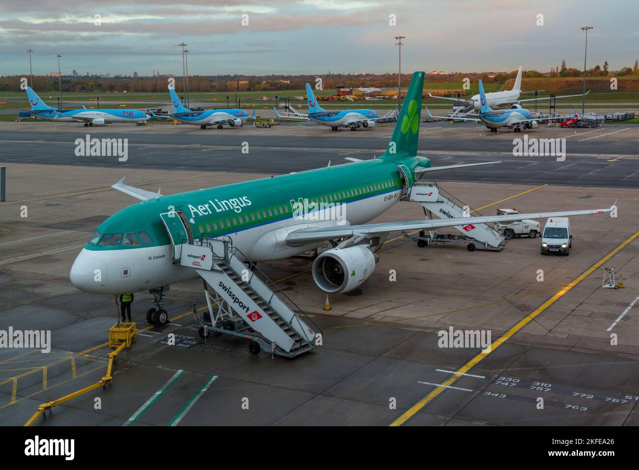 An Aer Lingus Airbus A320-200, registration EI-DEH, at Birmingham Airport in England. Stock Photo