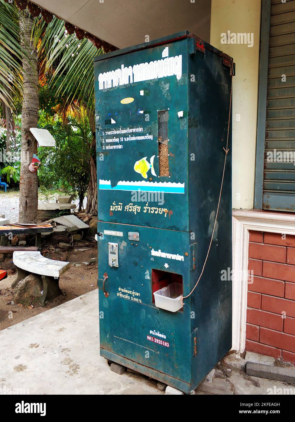 Vending machine selling fish food by a lake in a city park. Samui