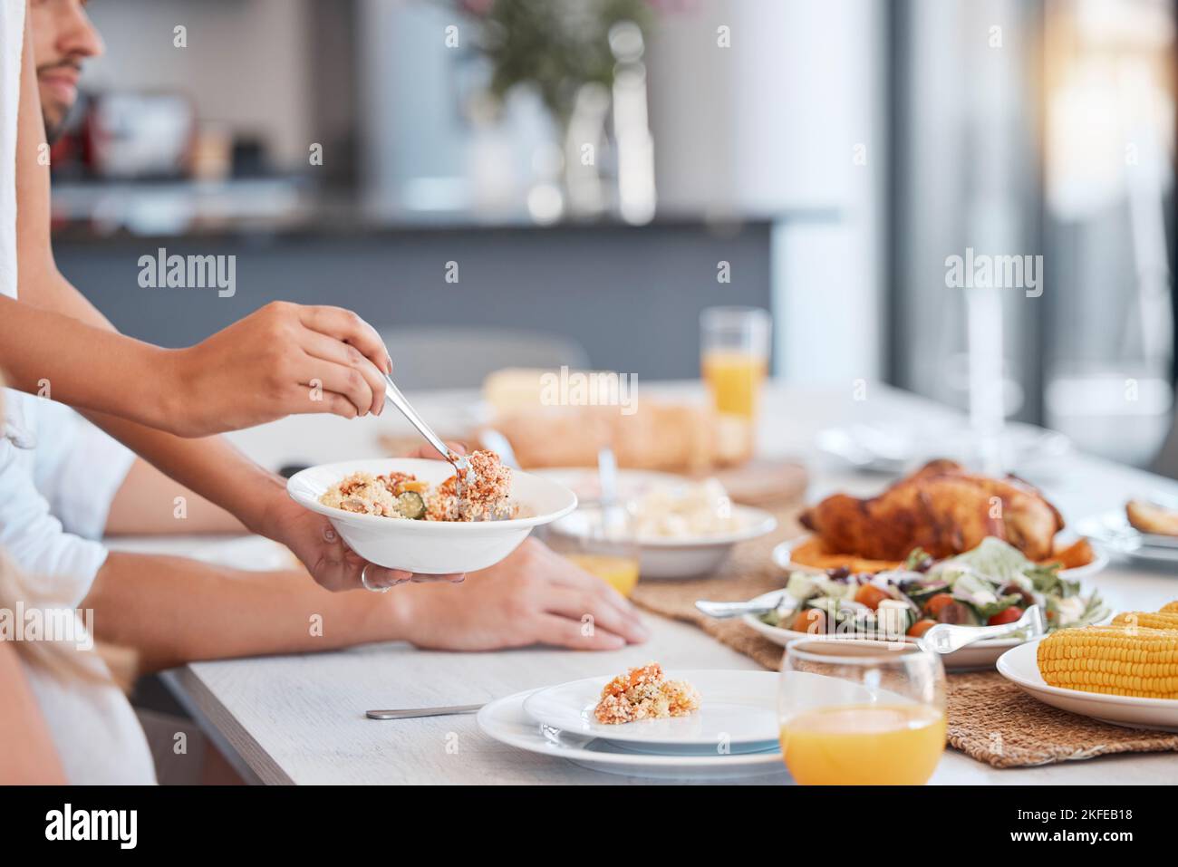 Hands, food and dinner on table for lunch preparation, meal or thanks