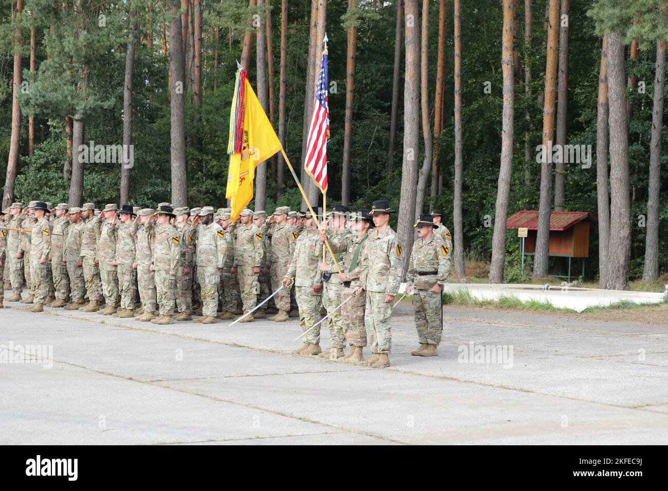 U.S. Army soldiers participate in a Change of Command Ceremony for ...