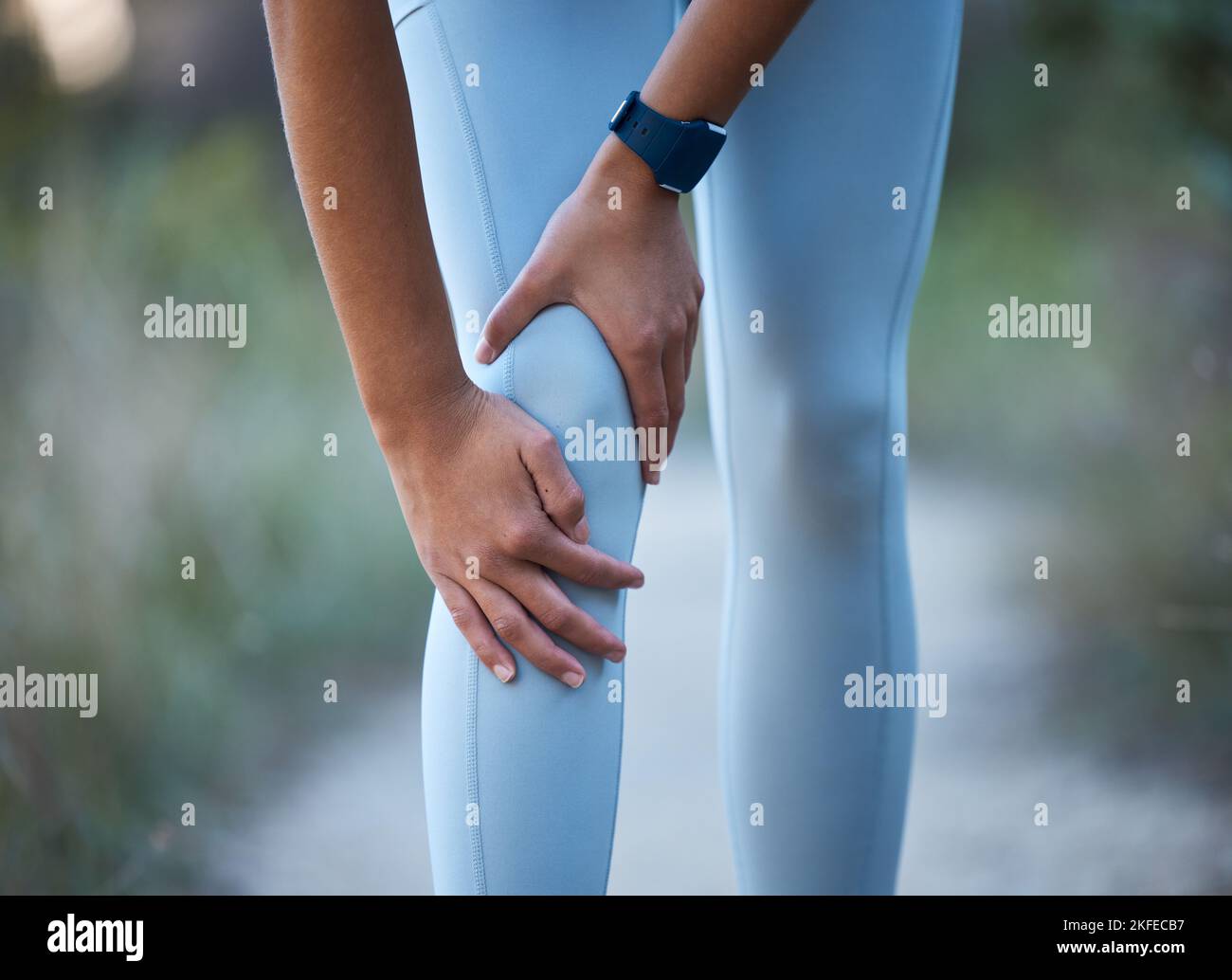 Knee pain, injury and sports accident of a woman hiking, running or