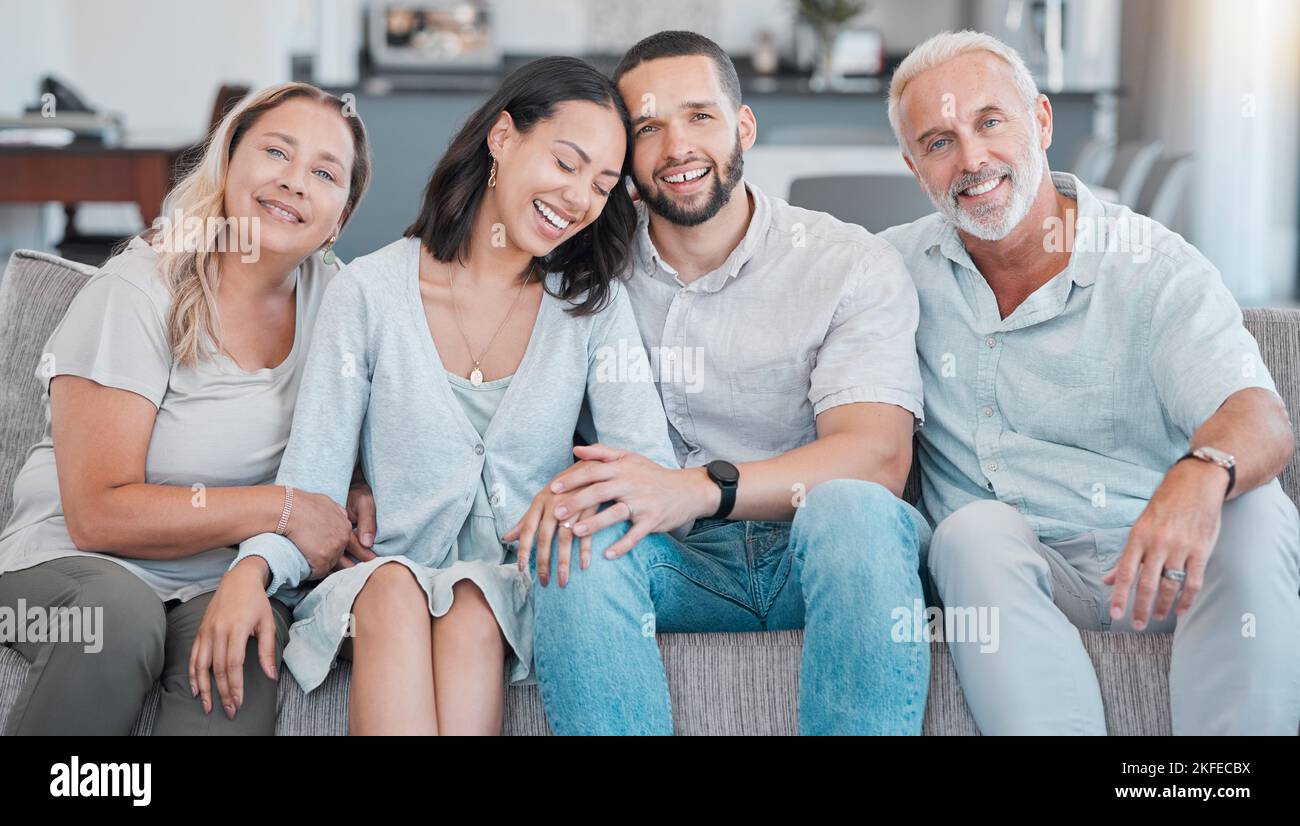 Big family, love and happy on sofa in home, bonding and enjoying quality time together. Family care, happiness portrait and grandma, grandpa and man Stock Photo