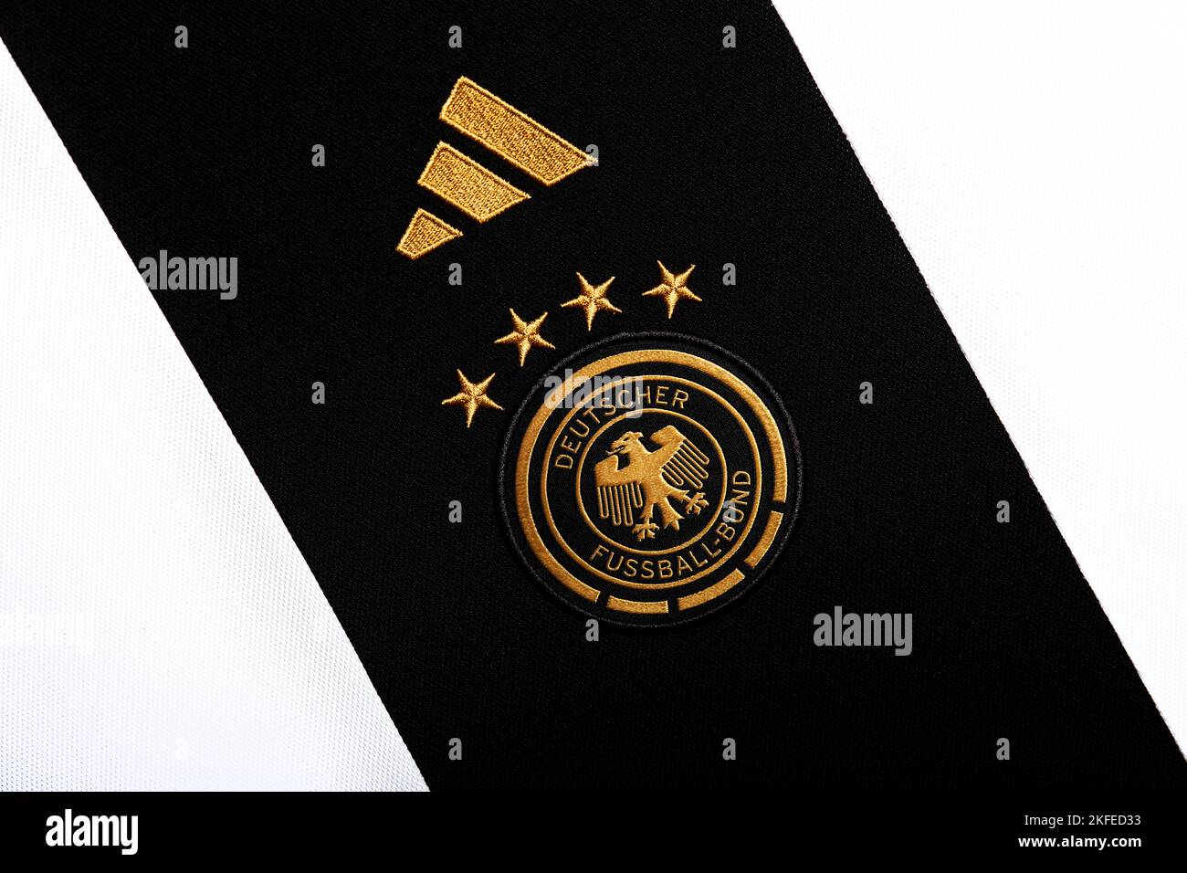 Close up of National Football team crest on home kit. FIFA World Cup Qatar 2022. Stock Photo