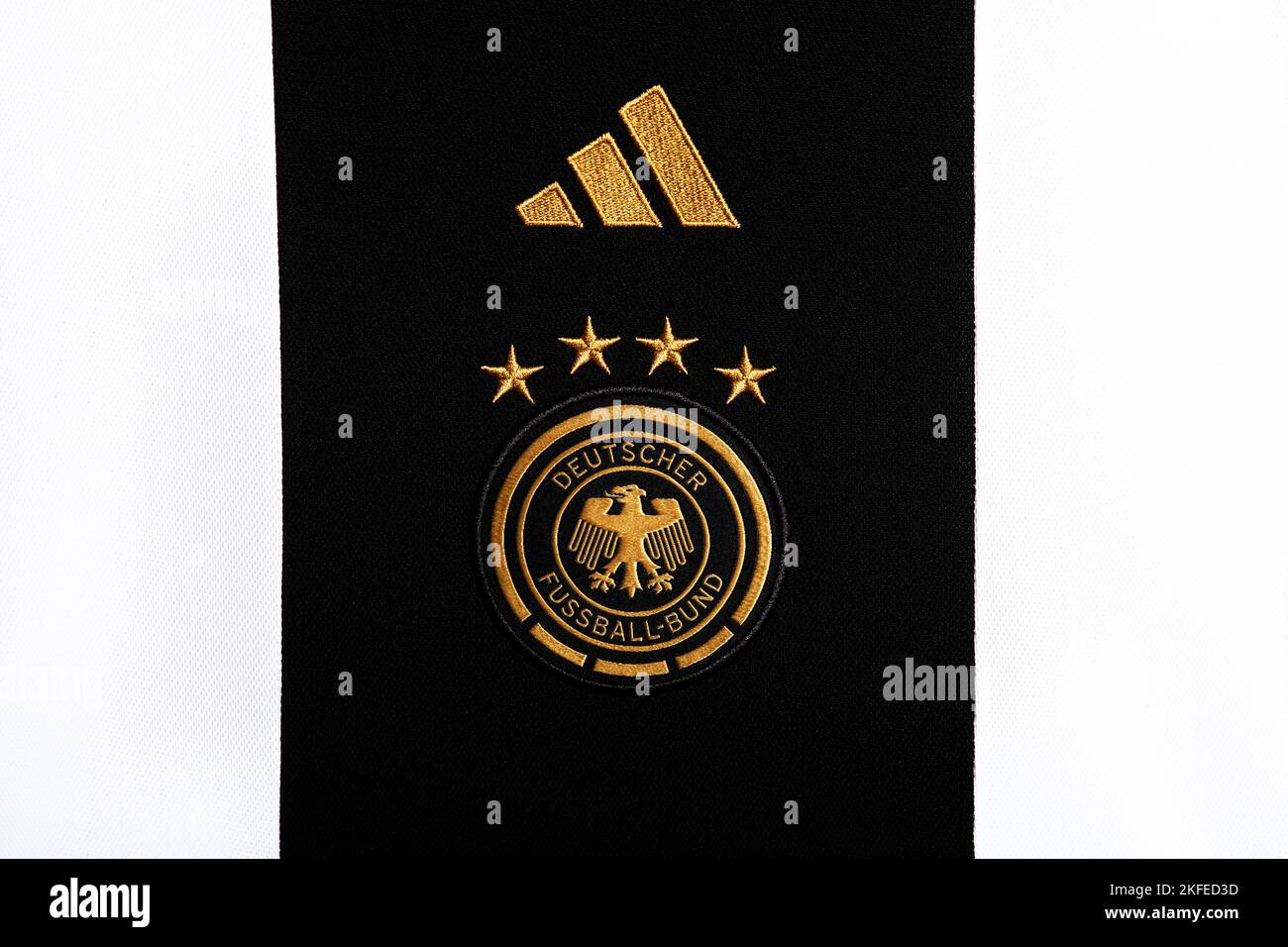 Close up of National Football team crest on home kit. FIFA World Cup Qatar 2022. Stock Photo