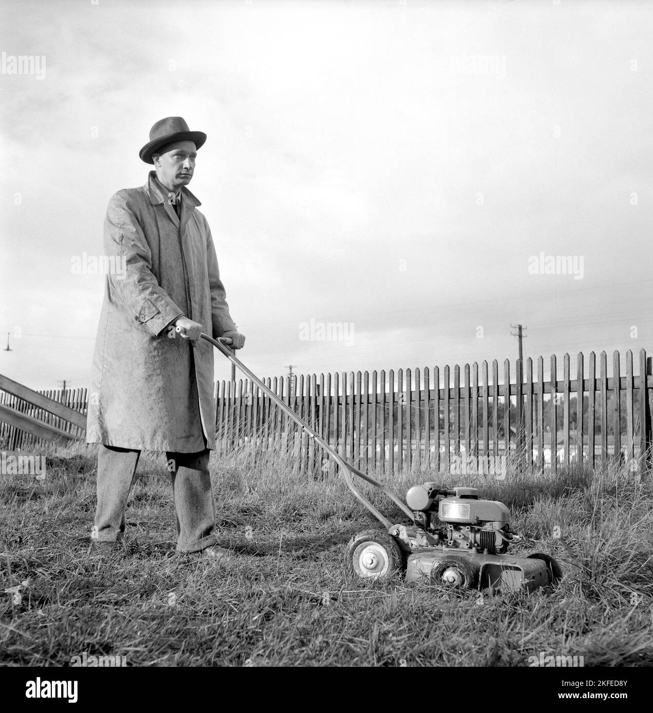 Garden equipment of the 1950s. A motor driven lawn mover. A man is seen moving the lawn, cutting the grass. He's in the leisure clothes of the decade, coat and hat, not looking too happy. Sweden 1955 Stock Photo