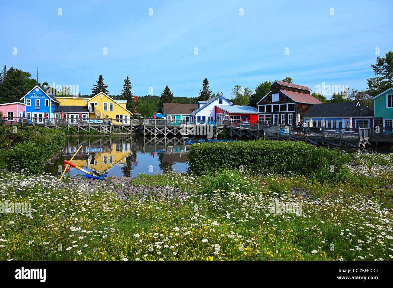 A line of colorful houses by the lake surrounded by wild flowers Stock Photo