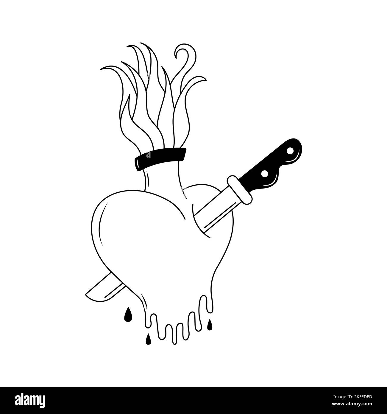 Flaming heart tattoo in y2k, 1990s, 2000s style. Emo goth element