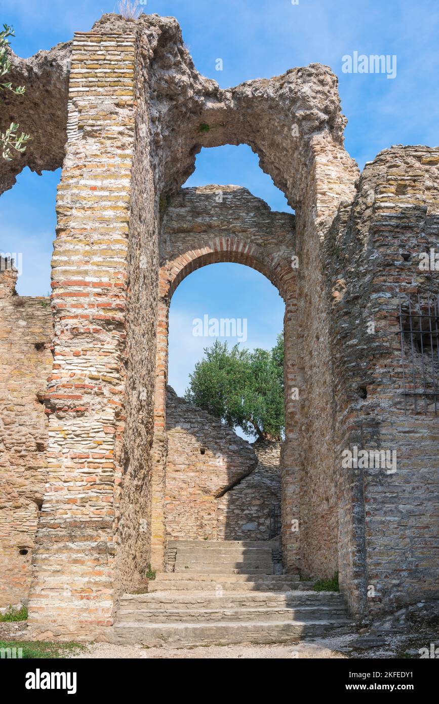 Catullus villa, view of the ruins of an old Roman building believed to be the villa of Catullus - the Grotte di Catullus, Sirmione, Lake Garda, Italy Stock Photo