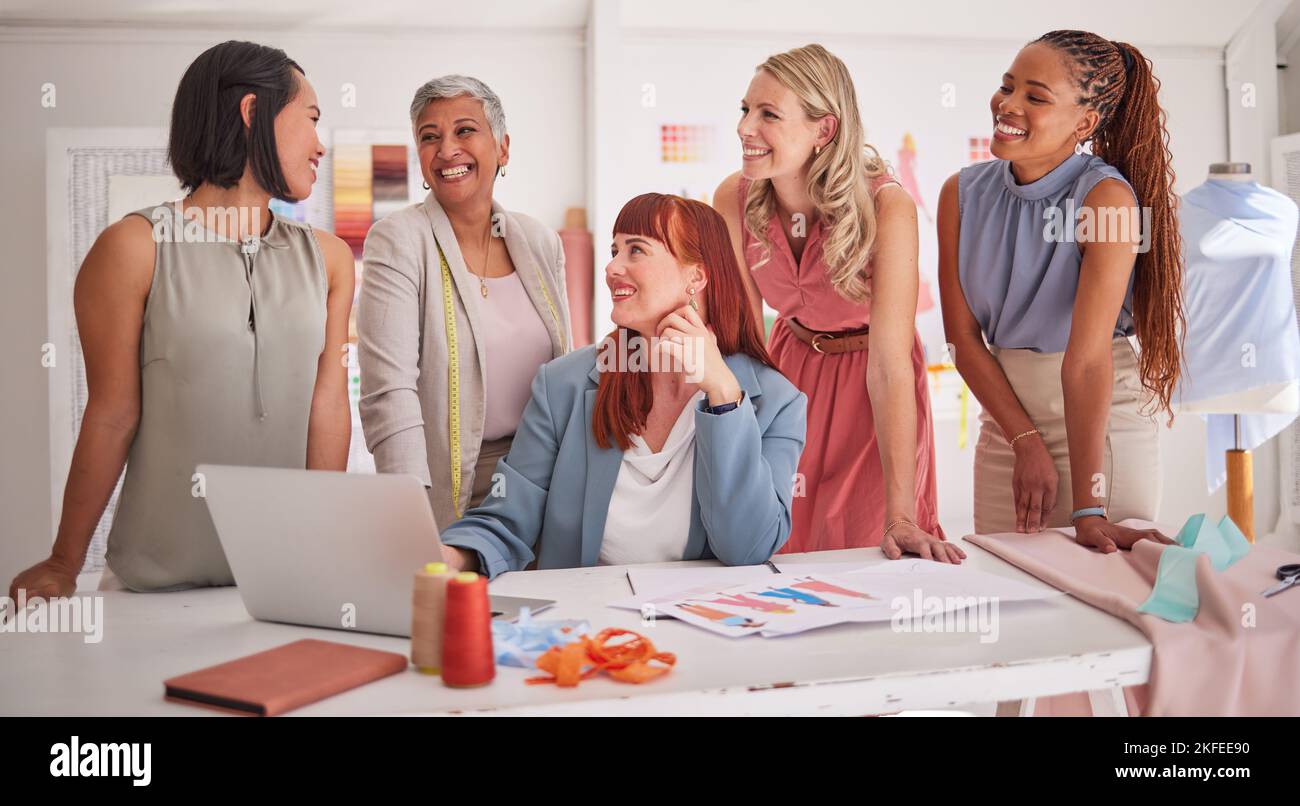 Business, clothes designer and women collaboration of creative fashion workers planning a project. Sewing, boutique and diversity of a startup Stock Photo