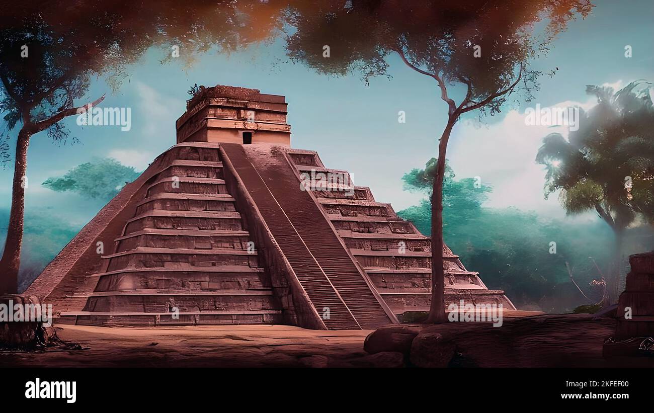 Ancient Mayan City View, Temple Drawing, Illustration Stock Photo - Alamy