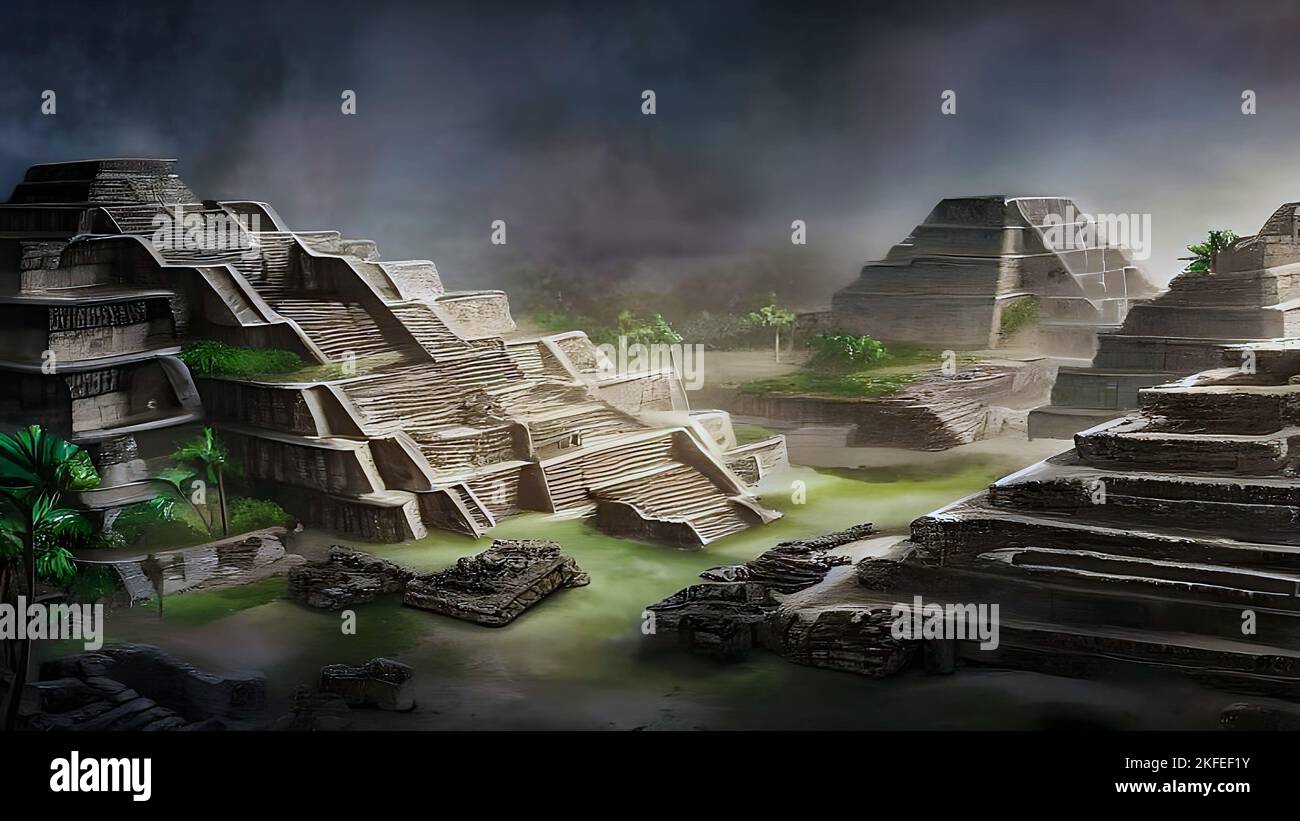 Ancient Mayan City View, Temple Drawing, Illustration. Stock Photo