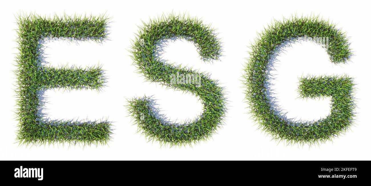 Conceptual green lawn grass forming the ESG word isolated on