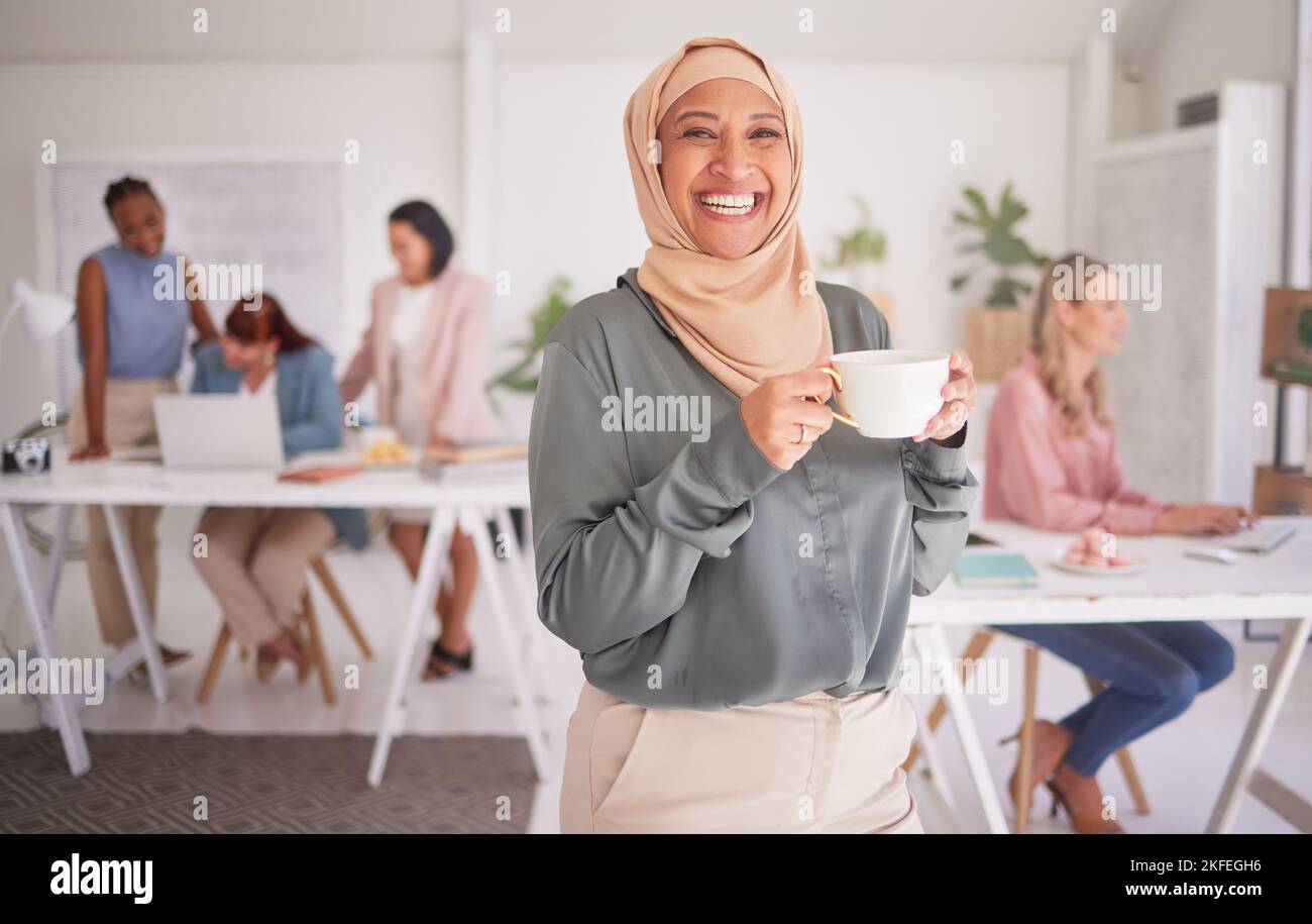 Happy muslim, coffee or woman for leadership in office for teamwork, planning or collaboration. Lady with tea, portrait or manager for strategy goal Stock Photo