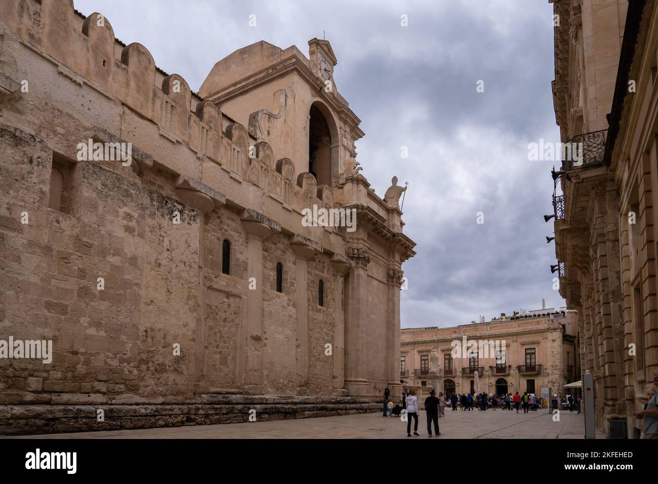 Syracuse cathedral built on top of a Greek temple. Doric columns can be appreciated on the walls. Sicily. Italy. Stock Photo
