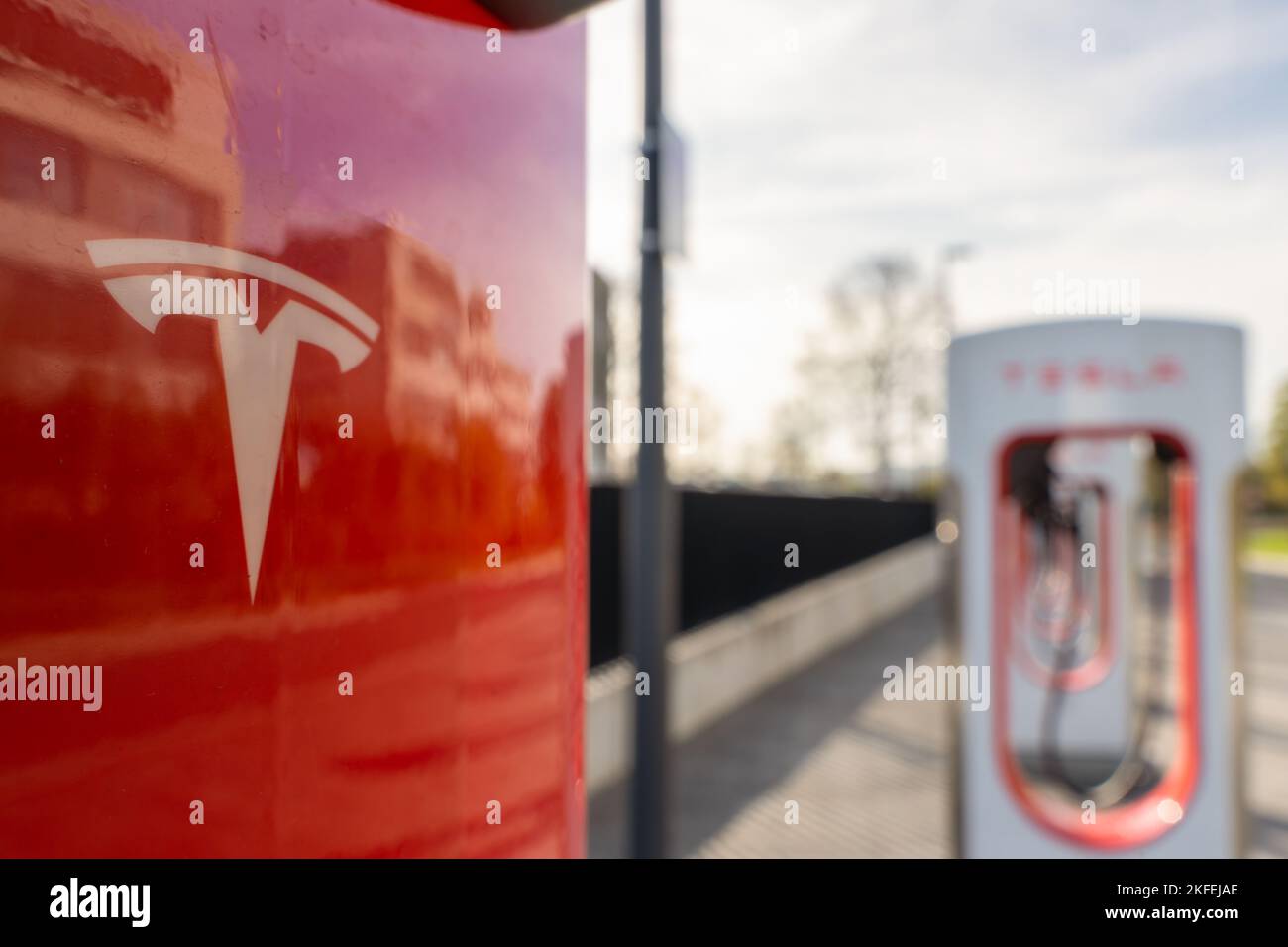 A of aTesla Superchargers for fast charging of electric Tesla cars in