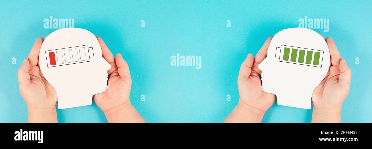 Man with an empty and a full battery, exhausted by stress against ...