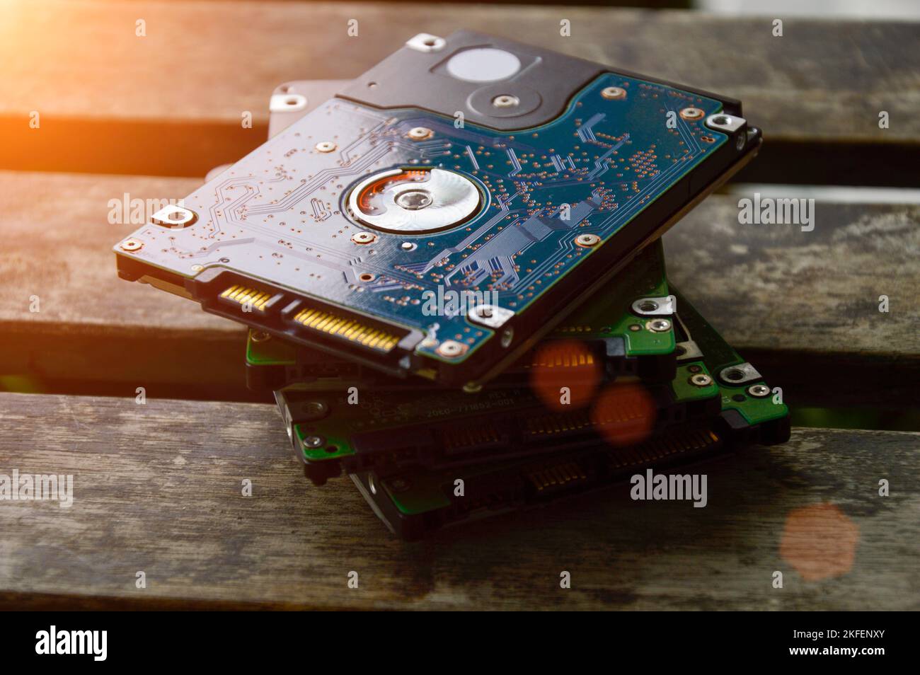 2.5inch hard drives stacked on top of each other, currently still