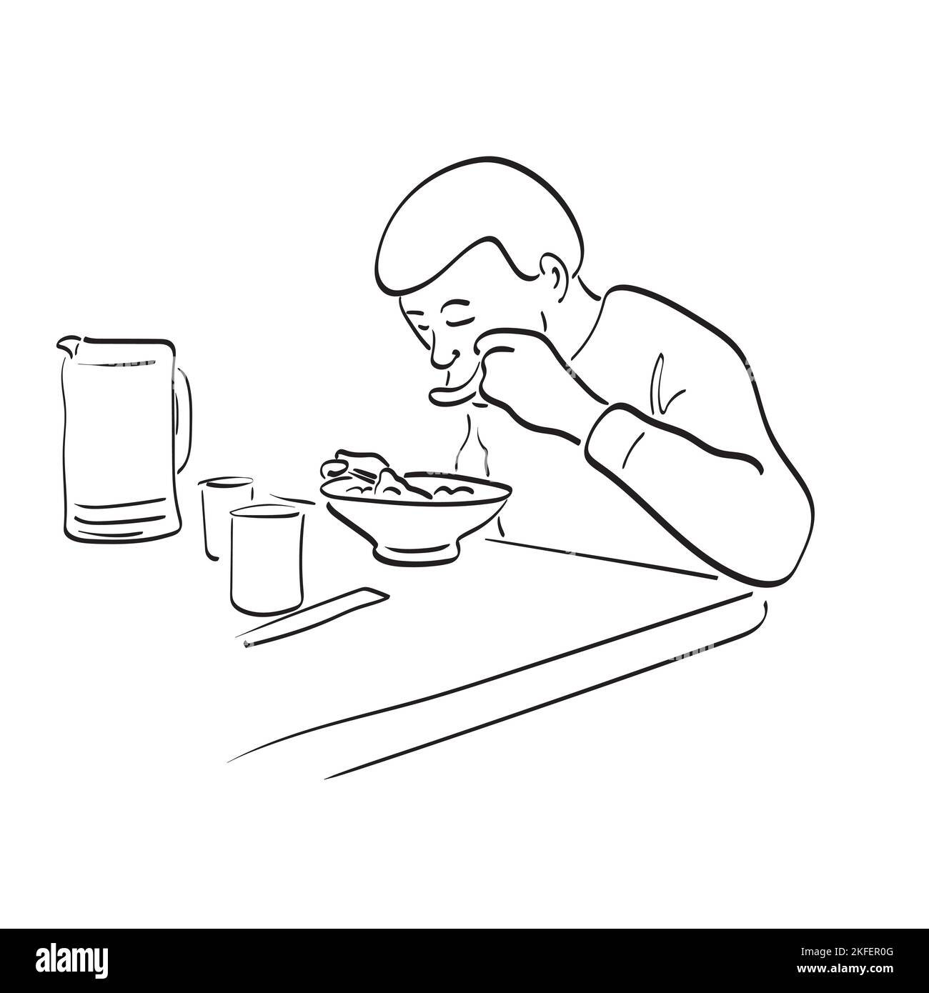 man eating noodles on table illustration vector hand drawn isolated on white background line art. Stock Vector