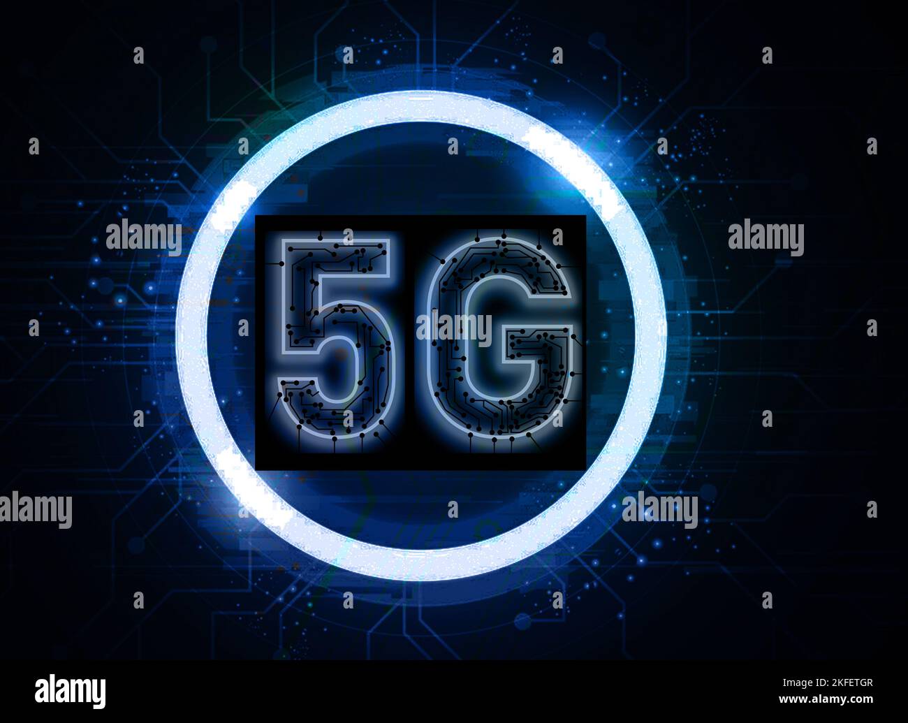 The concept conveys the communication technology of the 5th generation or 5G. Stock Photo