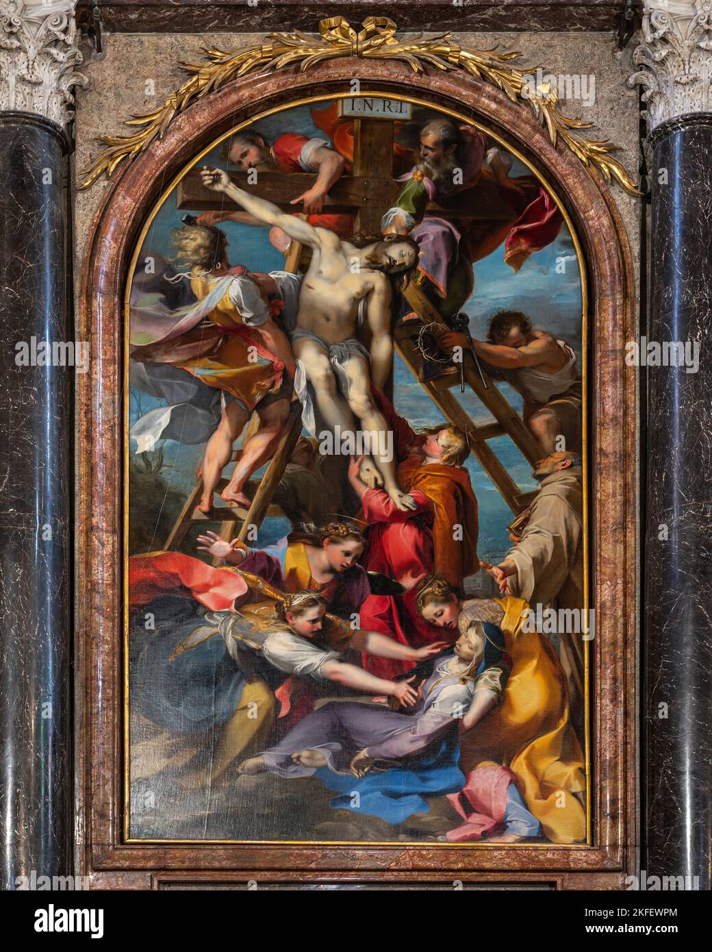 Canvas dedicated to the deposition of Christ. Work in the chapel of San Berardino in the cathedral of San Lorenzo in Perugia. Perugia, Umbria, Italy, Stock Photo