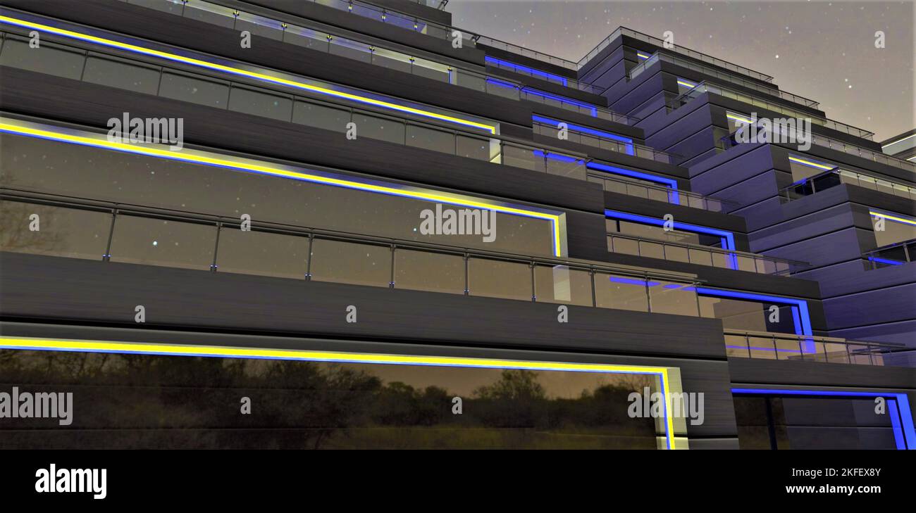 Attractive exterior of a luxury low-rise building illuminated with ...