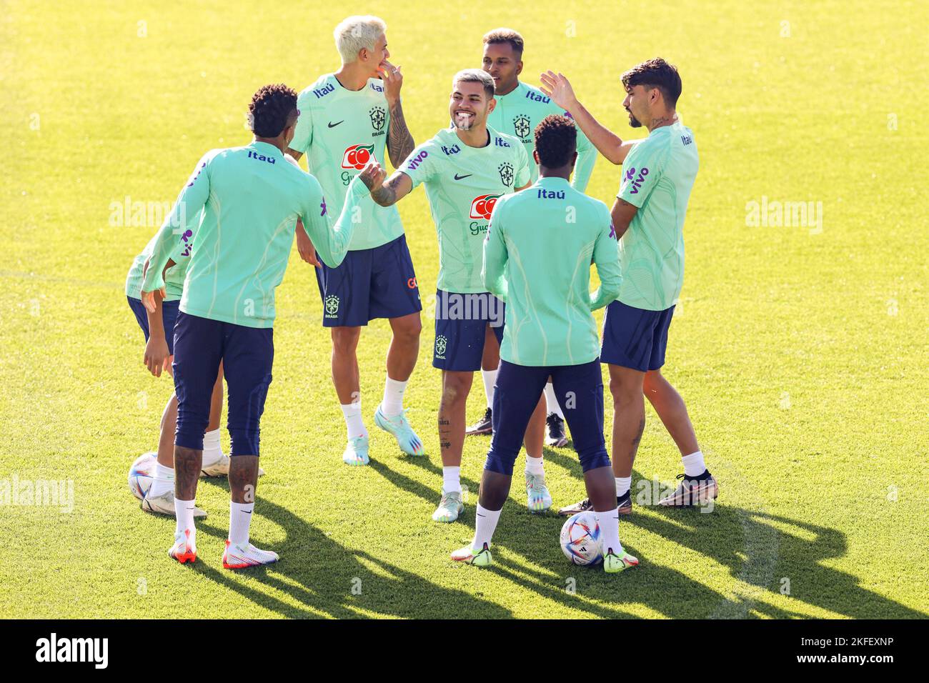 Turin, Italy, 18th November 2022. Bruno Guimaraes, Eder Militao, Richarlison, Pedro, Rodrygo, Lucas Paqueta and Vinicius Jr during a Brazil training session at the Juventus Training Centre, Turin. Picture date: 18th November 2022. Picture credit should read: Jonathan Moscrop/Sportimage Stock Photo