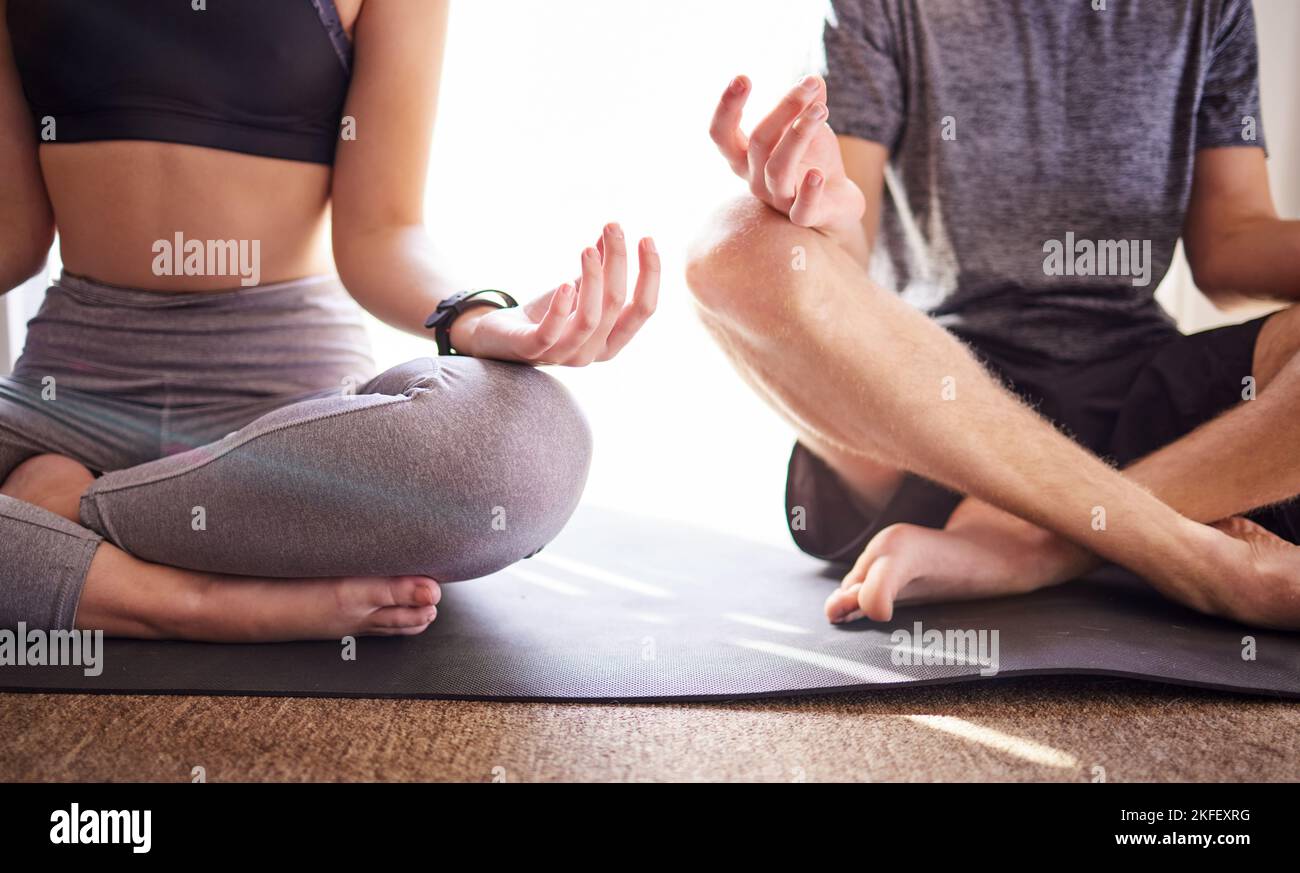 Couple, yoga and meditation for fitness, wellness or balance together for health, peace or workout. Zen, healthy man and woman meditate, in position Stock Photo