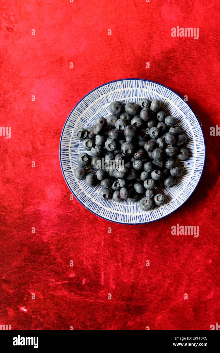 Blueberry close up photo. Fresh organic berries in a bowl. Summer fruit still life photo. Stock Photo