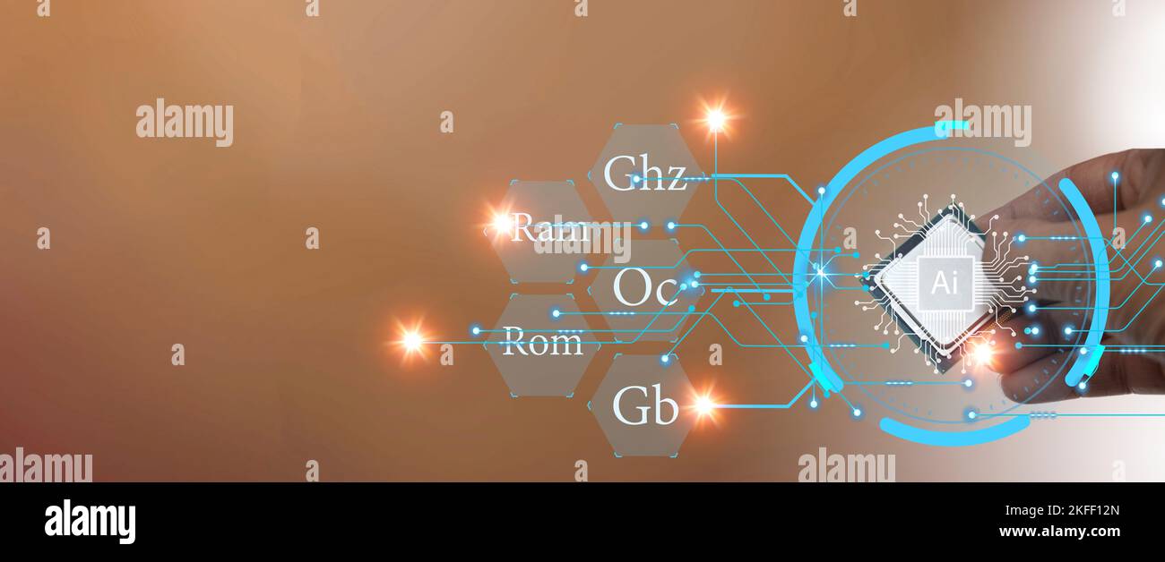 Concept AI CPU placed on a brown background, components have ram rom speed customization Stock Photo