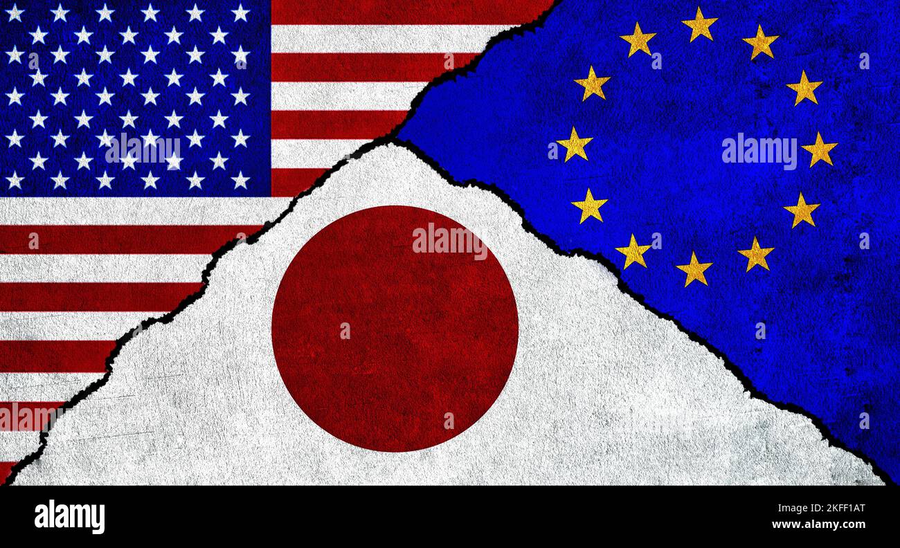 USA, Japan and European Union (EU) flag together on wall. Diplomatic relations between United States of America, EU and Japan Stock Photo
