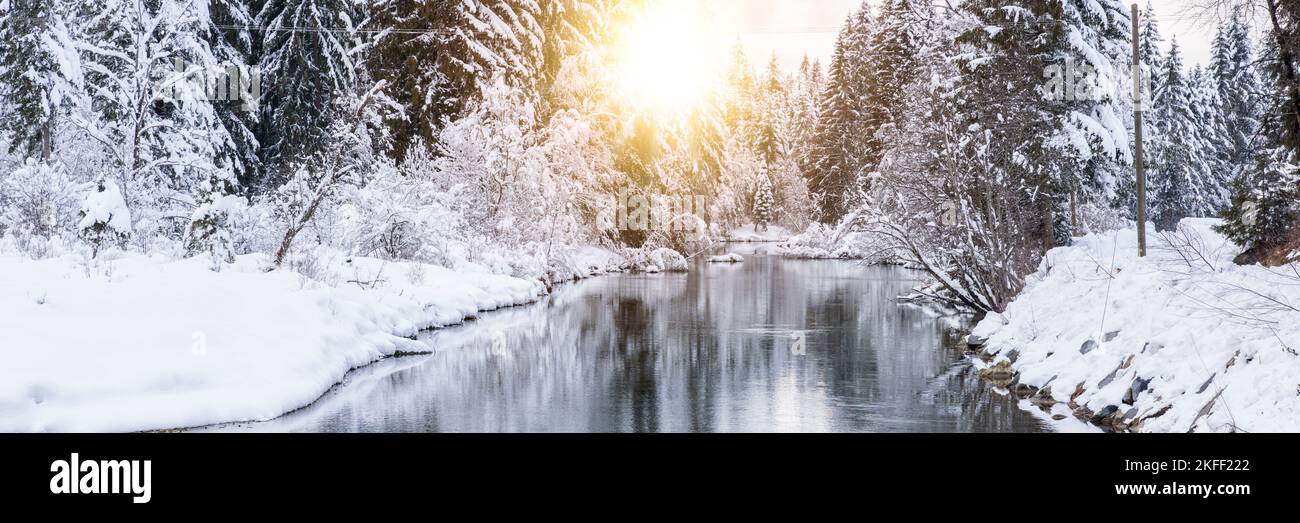 landscape in winter with mountain range and river Stock Photo - Alamy