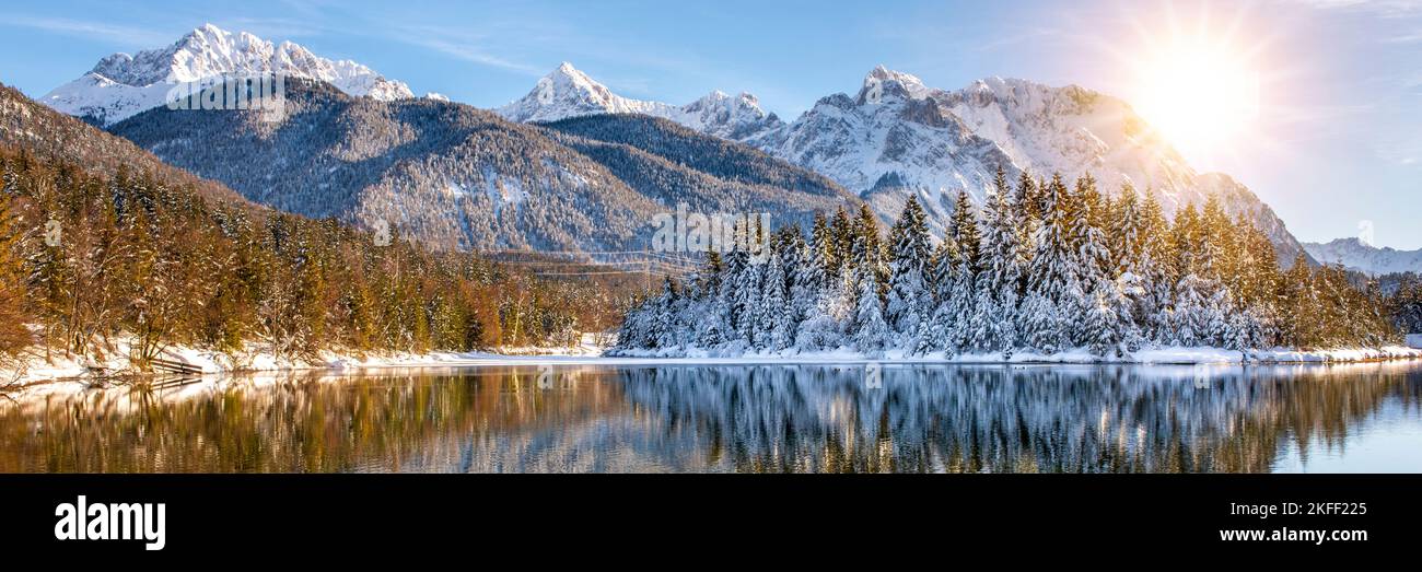 landscape in winter with mountain range and river Stock Photo - Alamy
