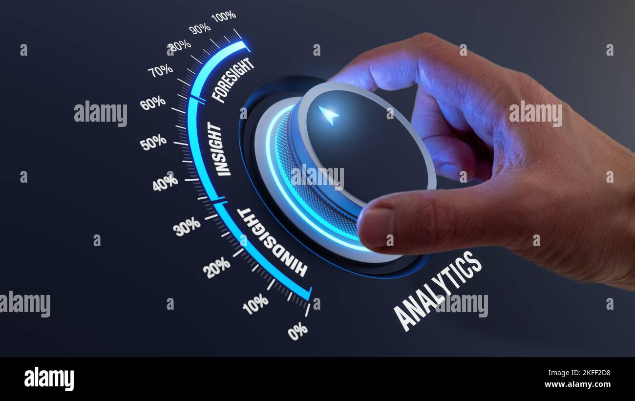 Predictive analytics implementation with hand turning knob from insight to foresight. Systemic data analysis and statistics for decision making, busin Stock Photo