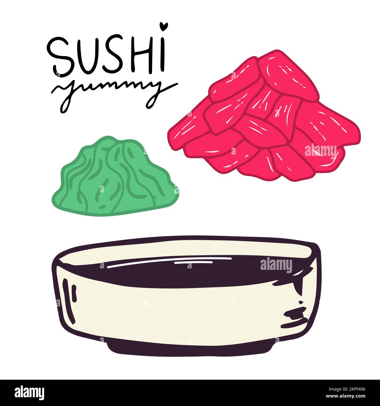 cartoon vector object soy sauce plate pickled ginger wasabi for sushi