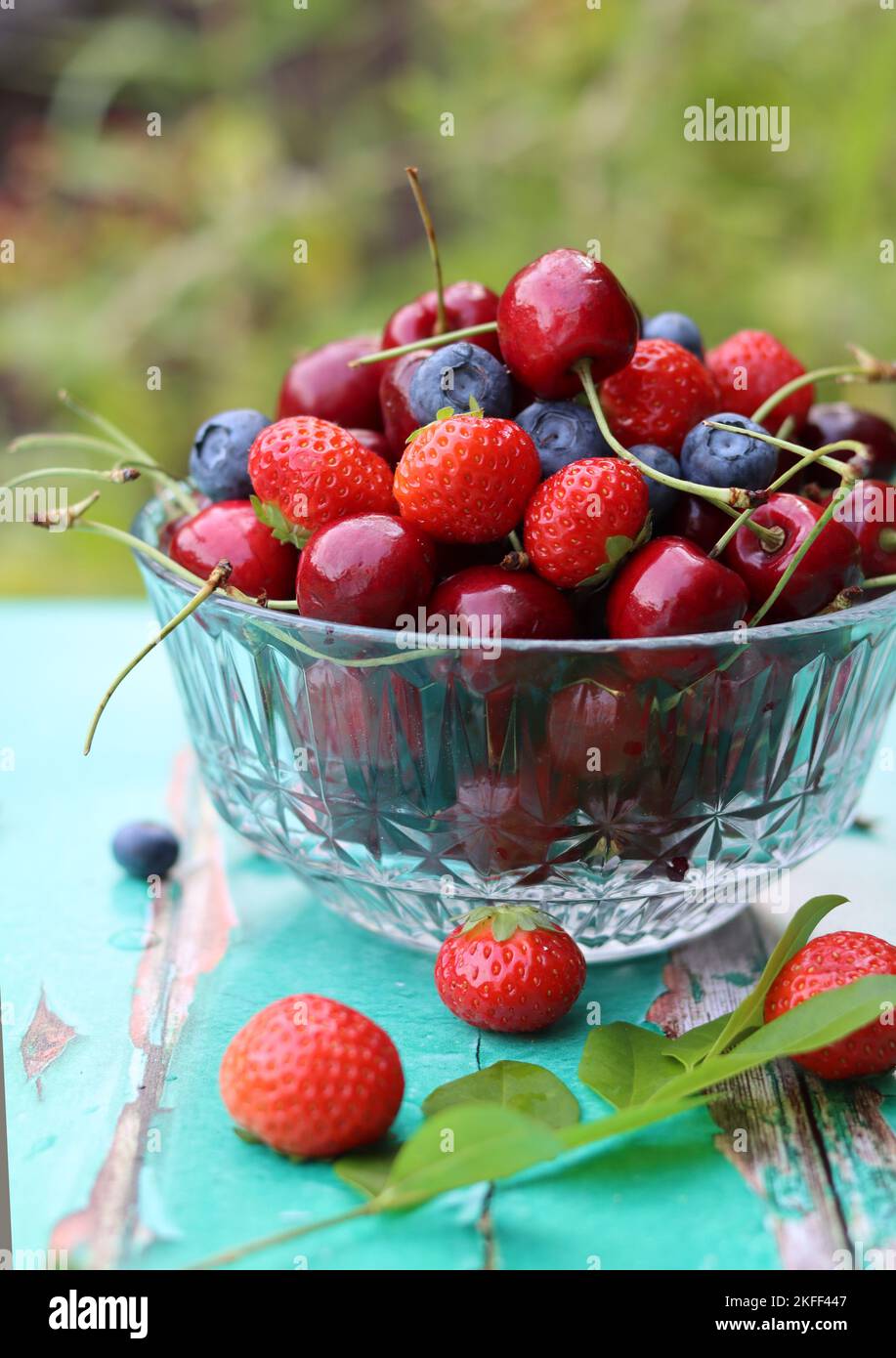 Glass bowl full of juicy organic berries. Summer still life with strawberry, sweet cherry, blueberry. Eating fresh concept. Stock Photo